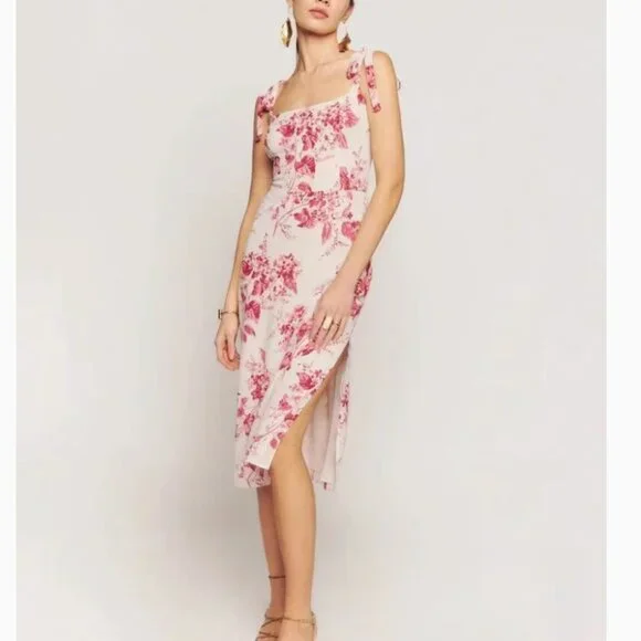 NWT Reformation Besse Midi Floral Dress Sz0/2 Paris Red Pink Floral